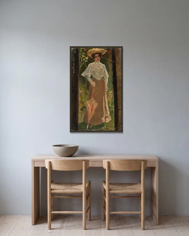 Dame med parasoll av Leo Gestel inramad på en vägg