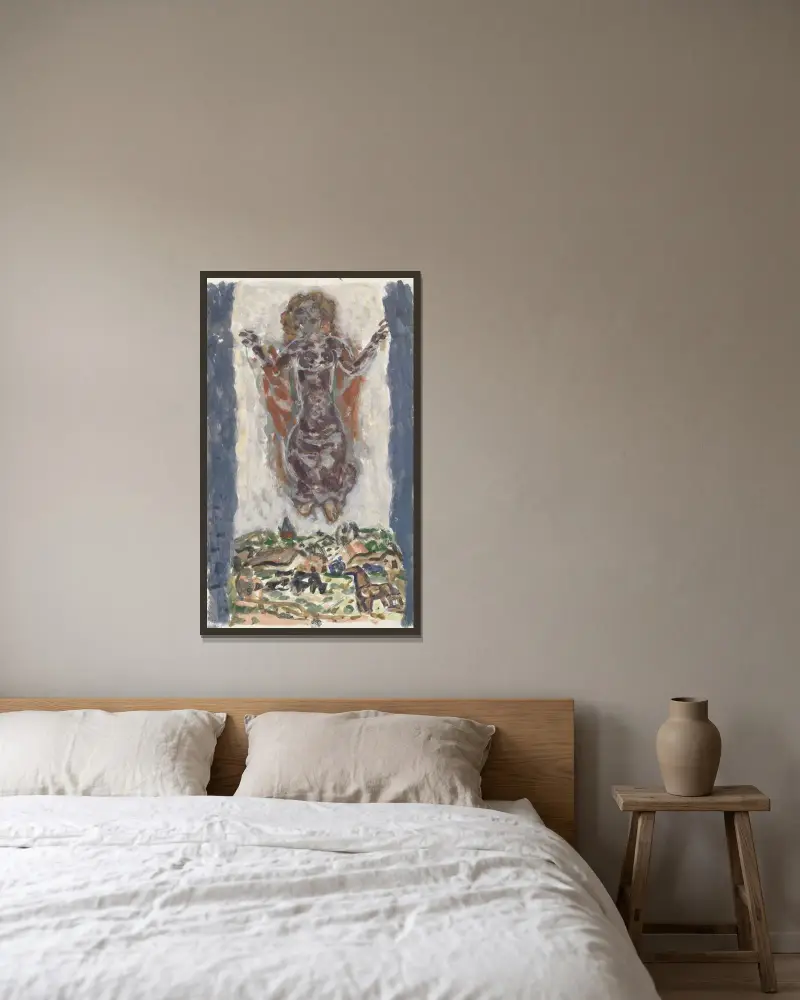 Dansande kvinnofigur ovanför ett landskap av Leo Gestel inramad på en vägg