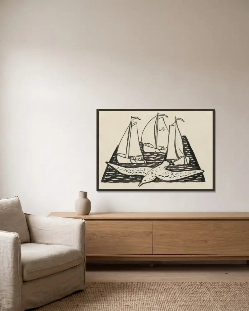 Tre segelfartyg och en mås av Leo Gestel inramad på en vägg