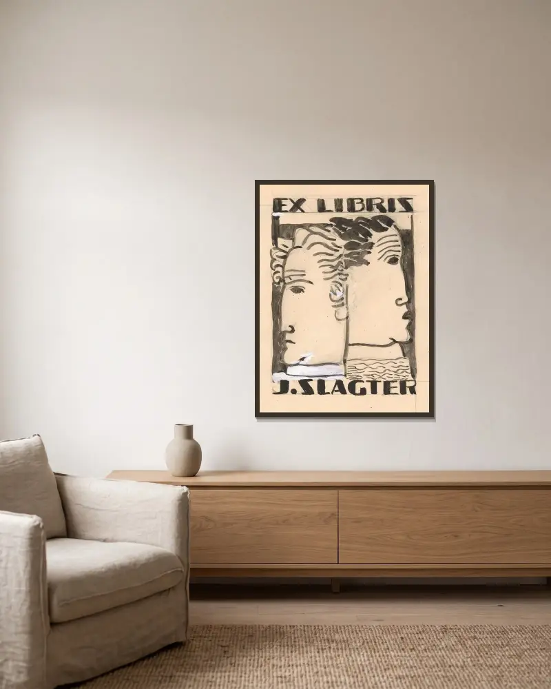 Ex libris för J. Slagter (design) av Leo Gestel inramad på en vägg