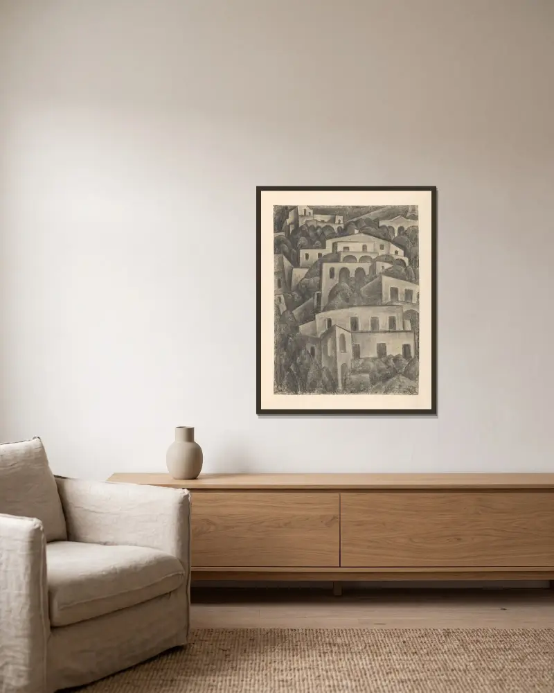 Vy över Positano av Leo Gestel inramad på en vägg