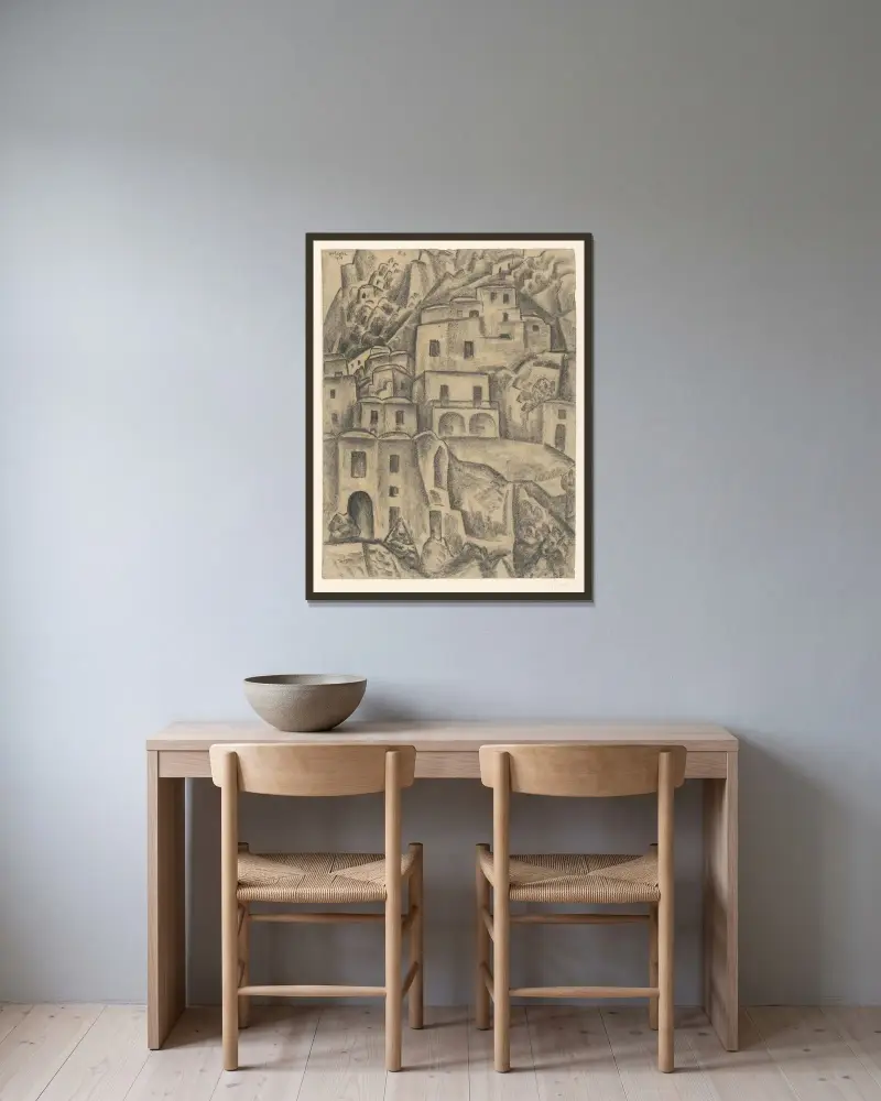 Hus på bergssluttning av Leo Gestel inramad på en vägg