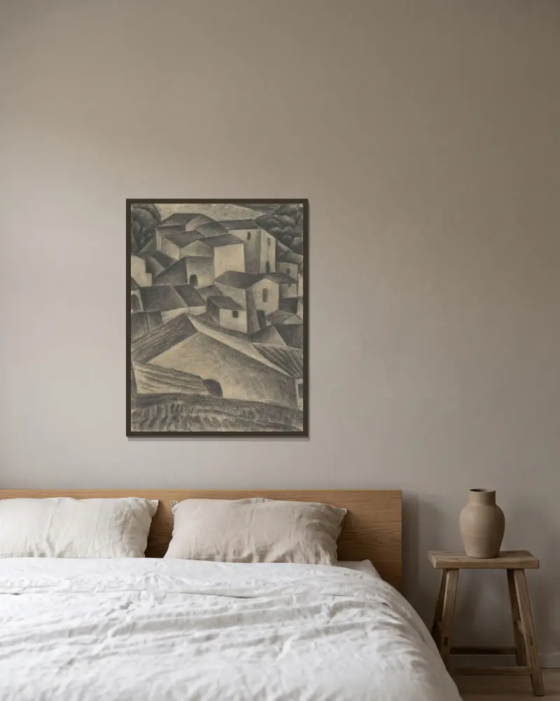 Hus i en italiensk by av Leo Gestel inramad på en vägg