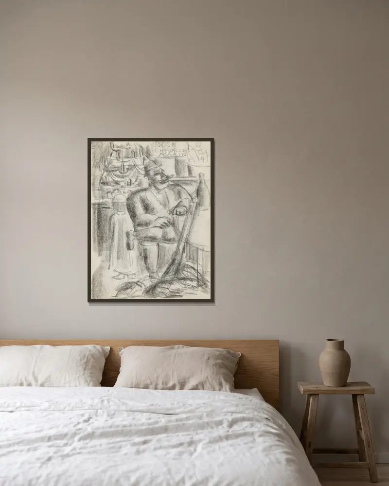 Jägare sittande vid kafébord, i svart krita av Leo Gestel inramad på en vägg