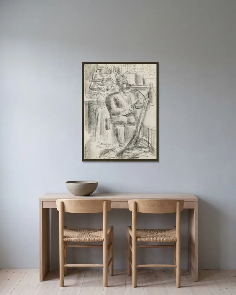 Jägare sittande vid kafébord, i svart krita av Leo Gestel inramad på en vägg