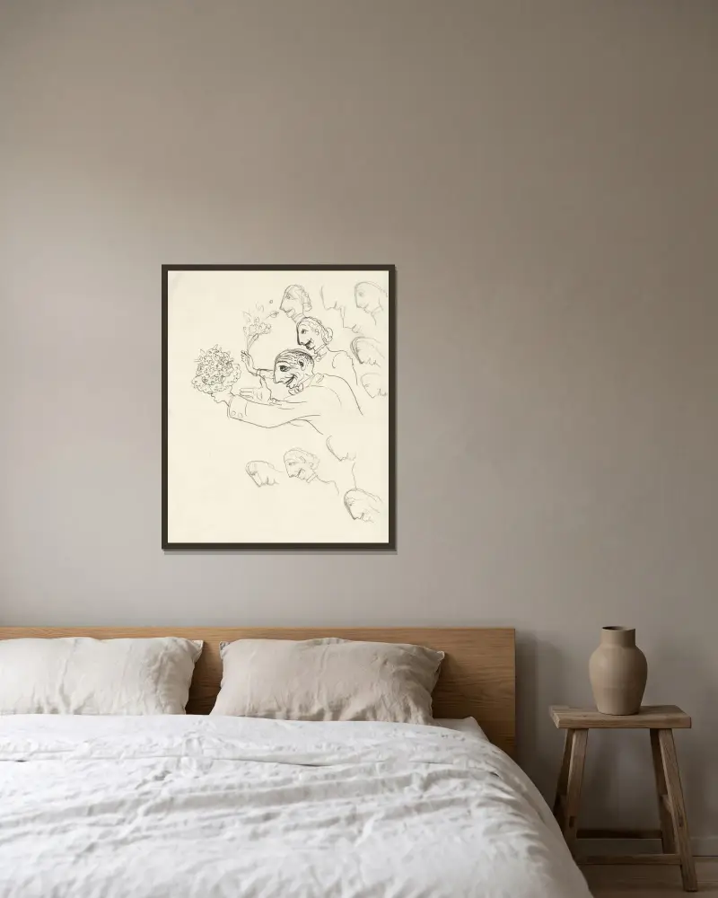 Karikatyrs av Leo Gestel och hans fru med blommor i handen av Leo Gestel inramad på en vägg