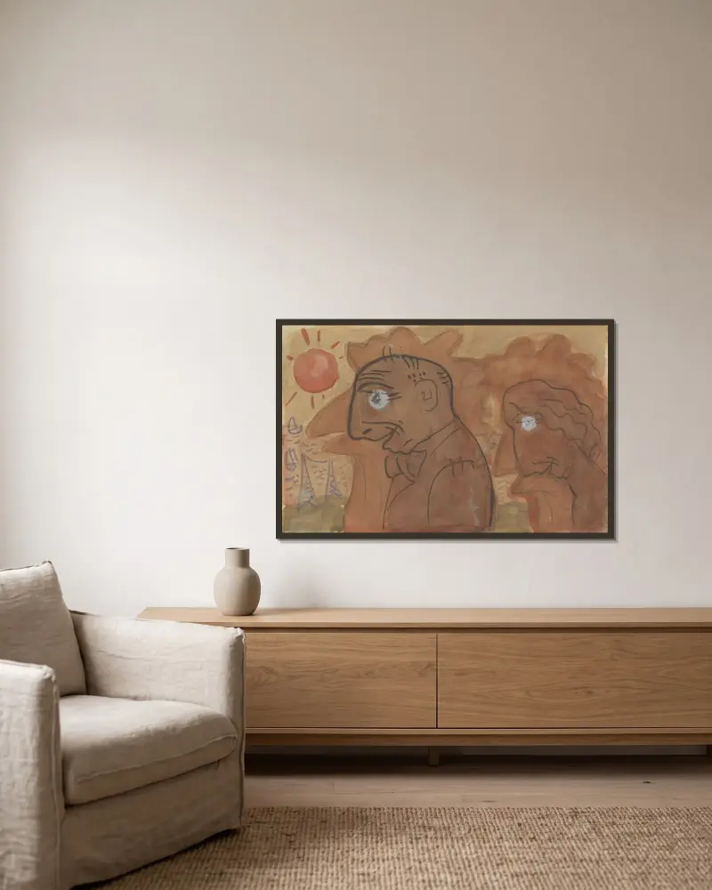 Karikatyrd av Leo Gestel och hans fru av Leo Gestel inramad på en vägg