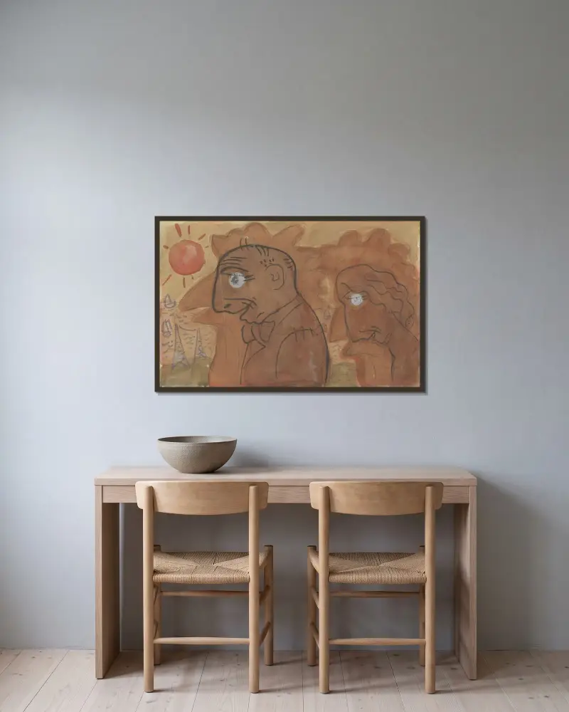 Karikatyrd av Leo Gestel och hans fru av Leo Gestel inramad på en vägg