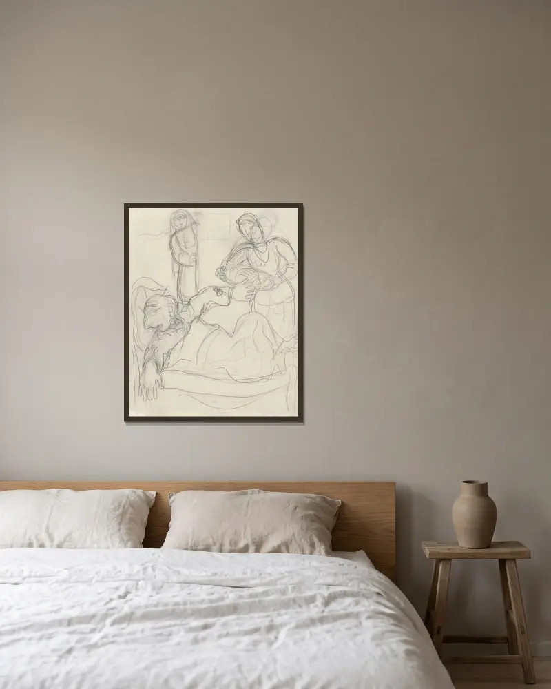 Karikaty av Leo Gestel på sin sjukbädd av Leo Gestel inramad på en vägg