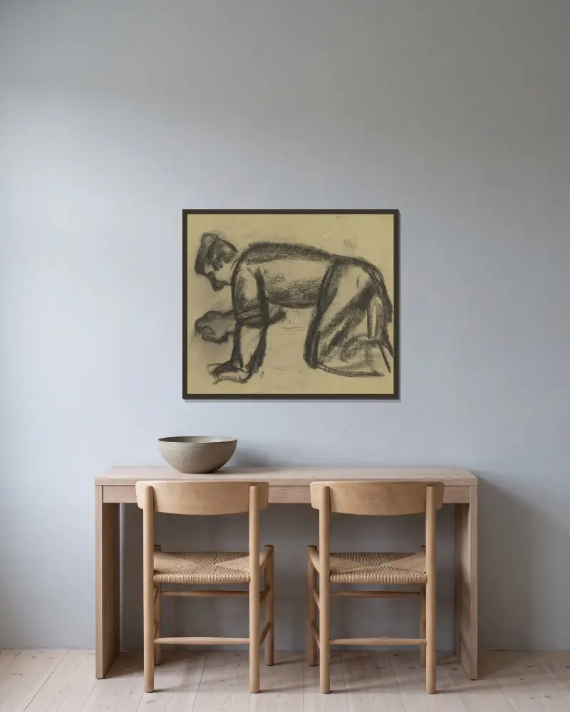Knäböjande man av Leo Gestel inramad på en vägg