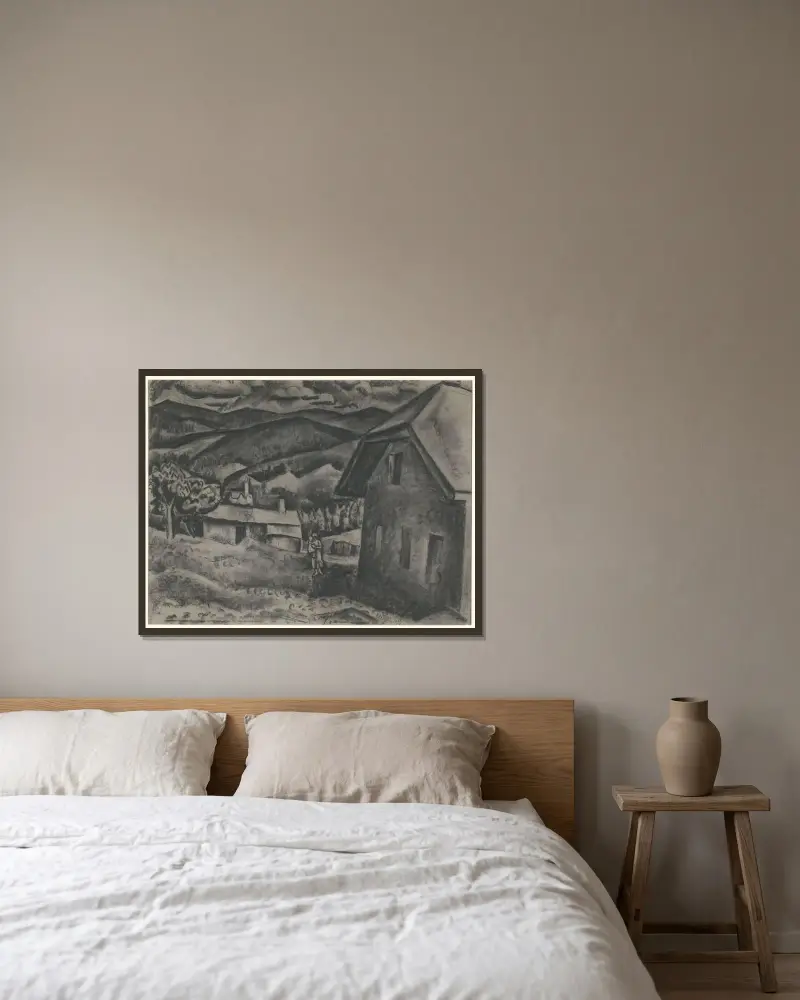 Landskap med kvinna och barn framför ett hus av Leo Gestel inramad på en vägg