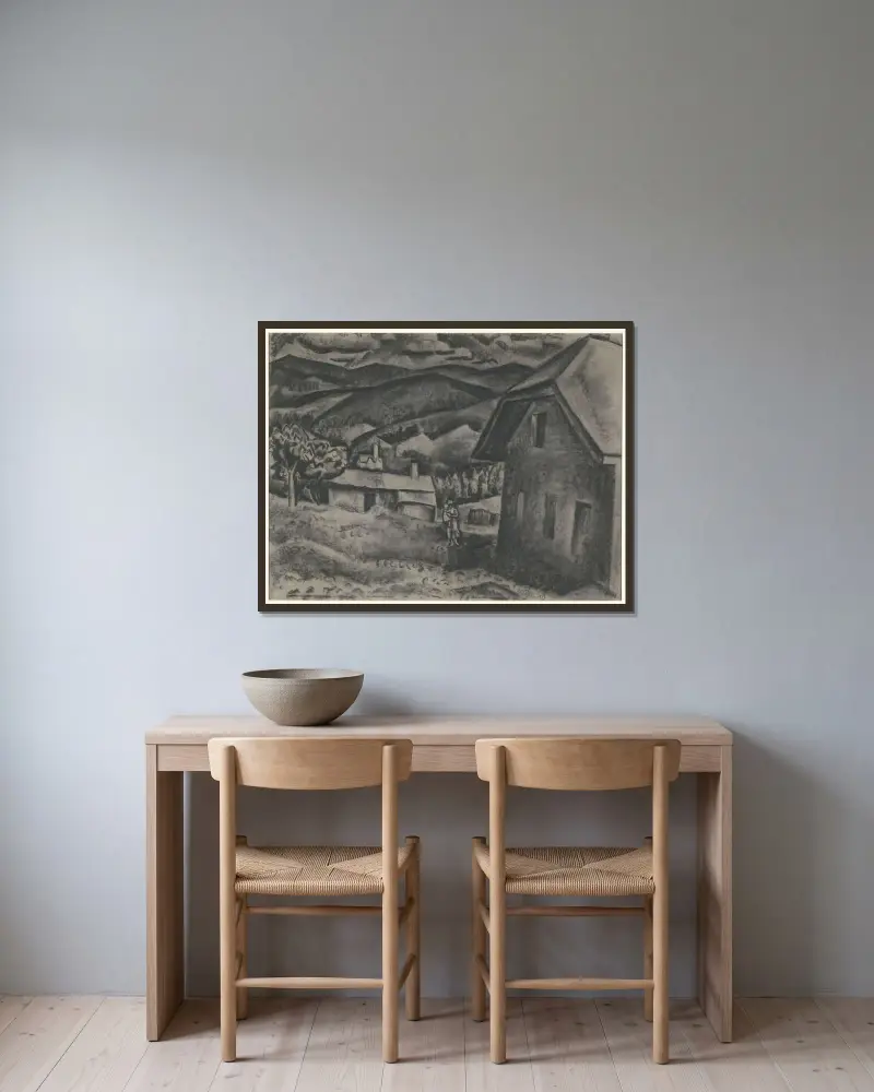 Landskap med kvinna och barn framför ett hus av Leo Gestel inramad på en vägg