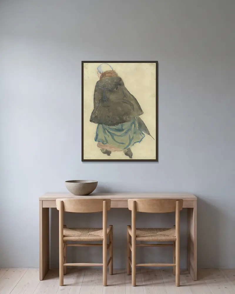 Gående kvinna med cape och paraply, sedd bakifrån av Leo Gestel inramad på en vägg