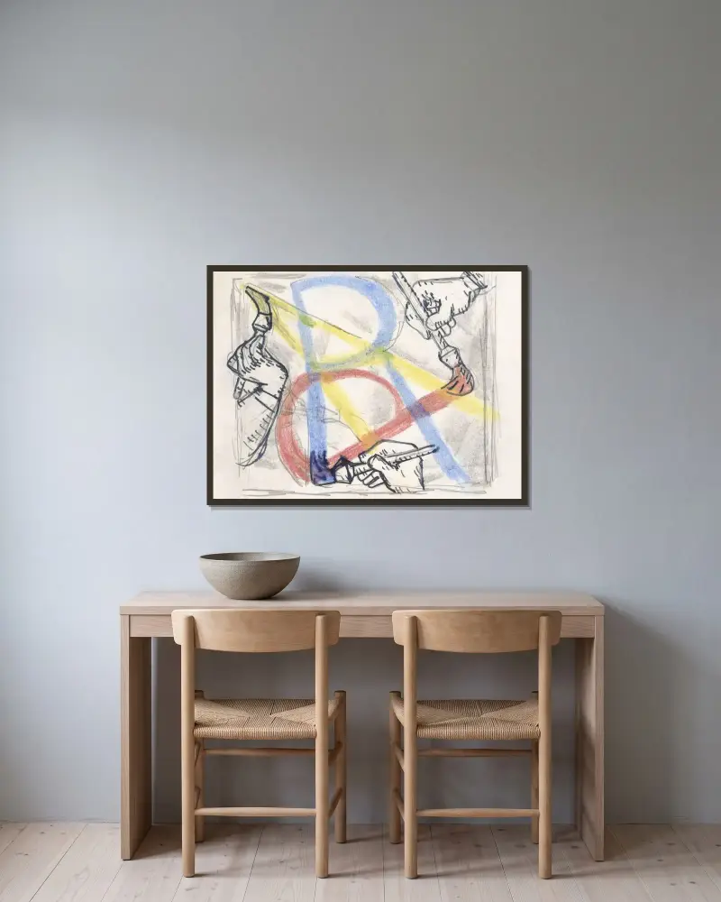 Omslag till månadstidskriften Verf en Kunst av P.A. Regnault (design) av Leo Gestel inramad på en vägg