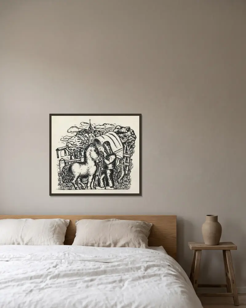 Man med häst och täckt kärra med by i bakgrunden av Leo Gestel inramad på en vägg