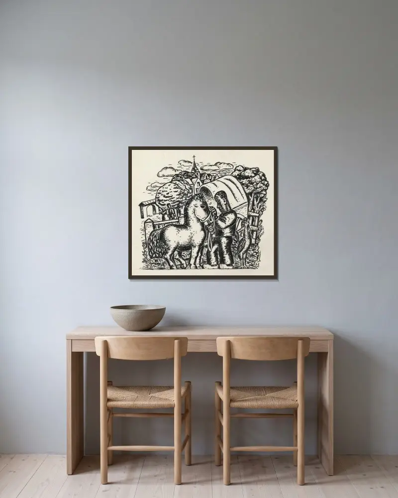 Man med häst och täckt kärra med by i bakgrunden av Leo Gestel inramad på en vägg