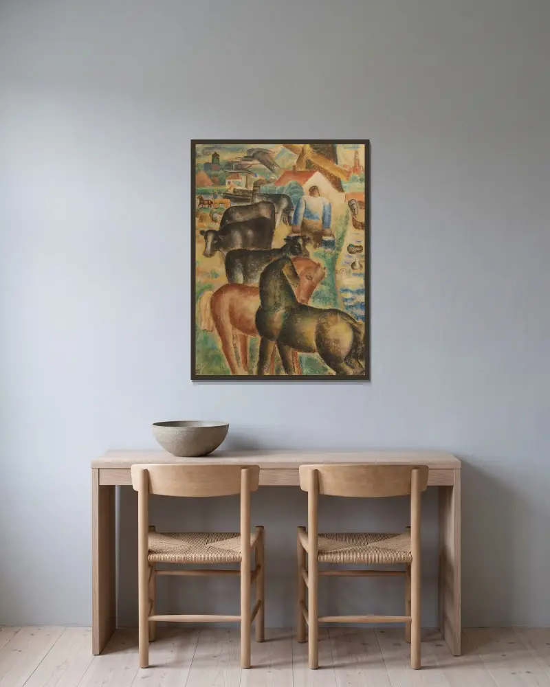 Mjölkningstid på gården av Leo Gestel inramad på en vägg