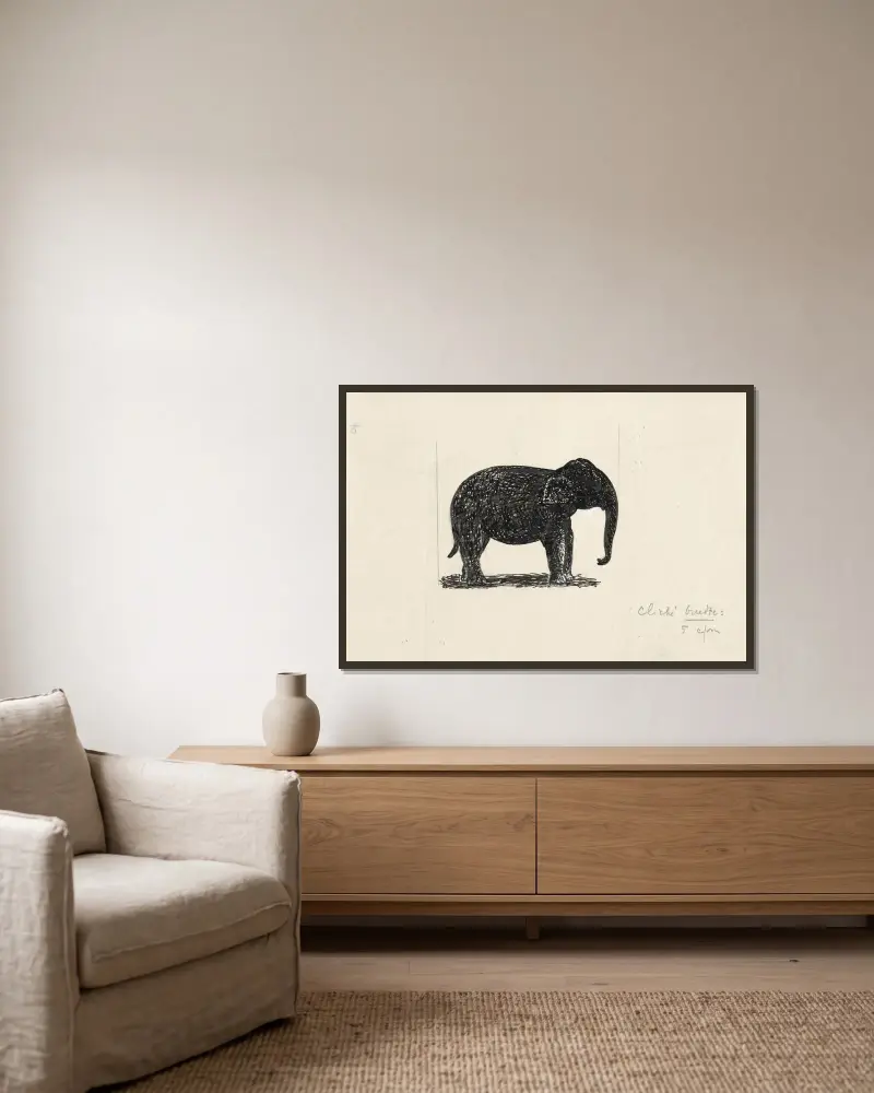 Elefant av Leo Gestel inramad på en vägg