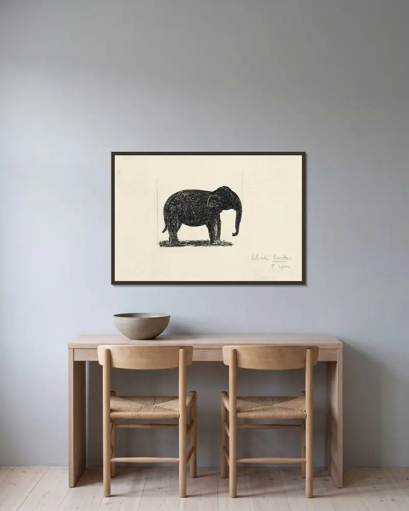 Elefant av Leo Gestel inramad på en vägg