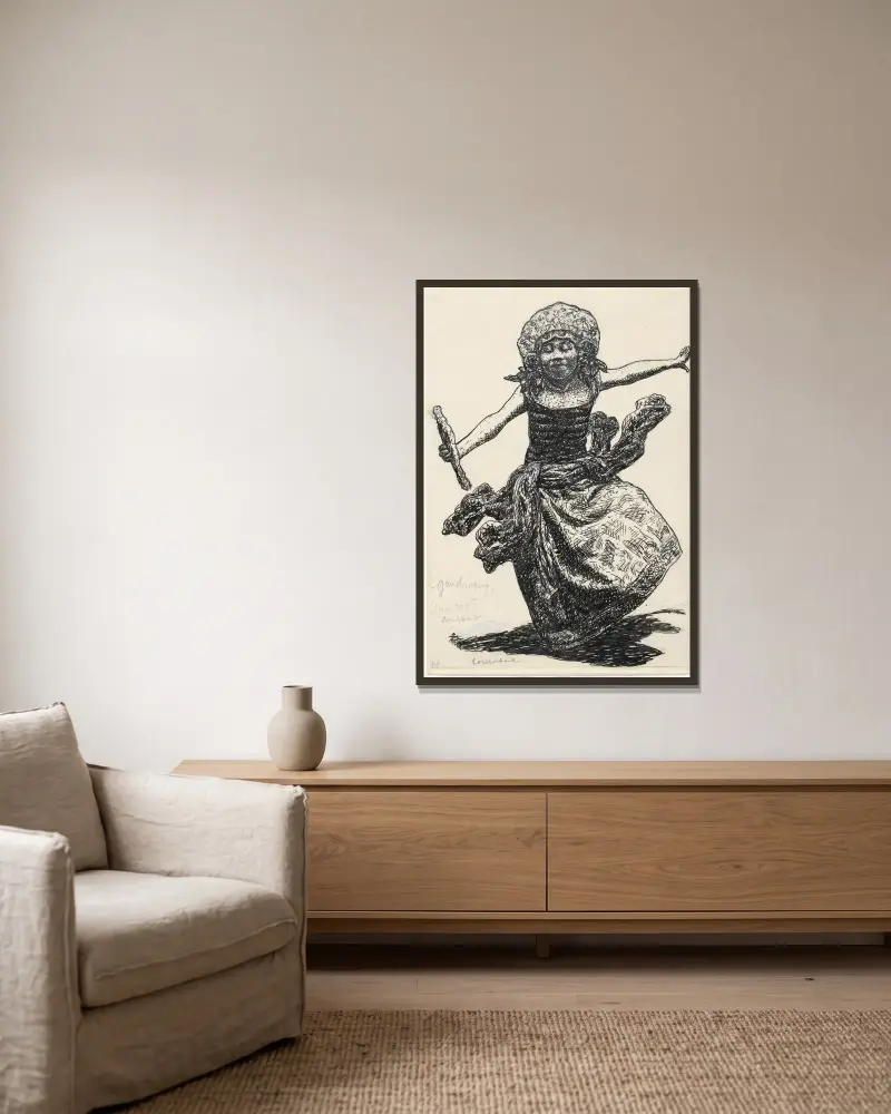 Bokillustration för Alexander Cohens Van Anarchie tot Monarchie; dansande indonesisk kvinna i Ampenan av Leo Gestel inramad på en vägg
