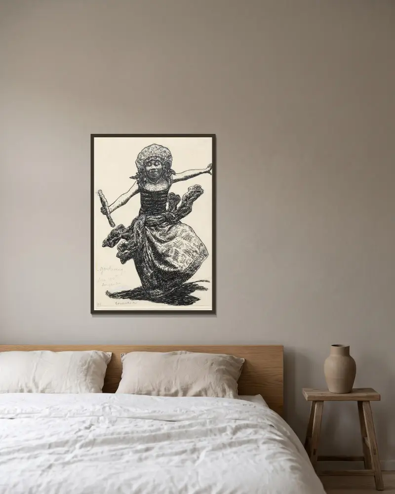Bokillustration för Alexander Cohens Van Anarchie tot Monarchie; dansande indonesisk kvinna i Ampenan av Leo Gestel inramad på en vägg