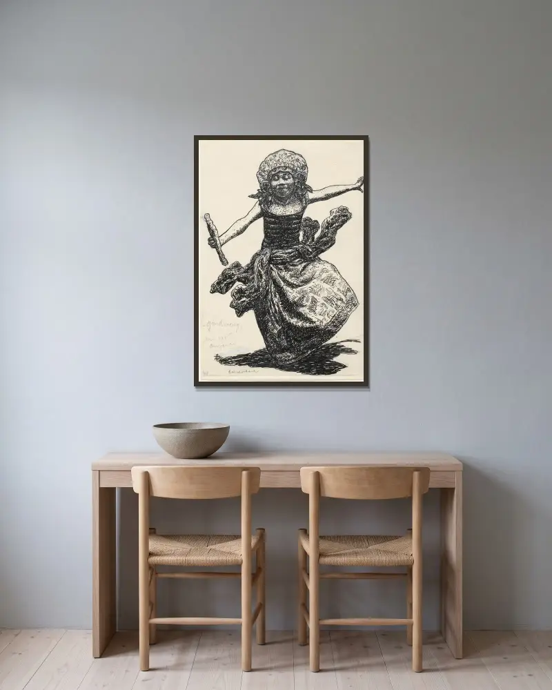 Bokillustration för Alexander Cohens Van Anarchie tot Monarchie; dansande indonesisk kvinna i Ampenan av Leo Gestel inramad på en vägg
