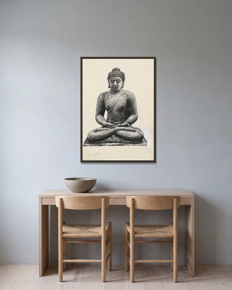 Ontwerp boekillustratie voor Alexander Cohen’s Van Anarchie tot Monarchie; Buddha op de Borobúdur te Java av Leo Gestel inramad på en vägg