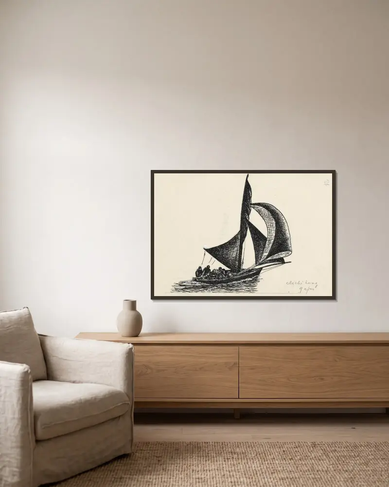 Ontwerp boekillustratie voor Alexander Cohen’s Van Anarchie tot Monarchie; Zeilboot av Leo Gestel inramad på en vägg