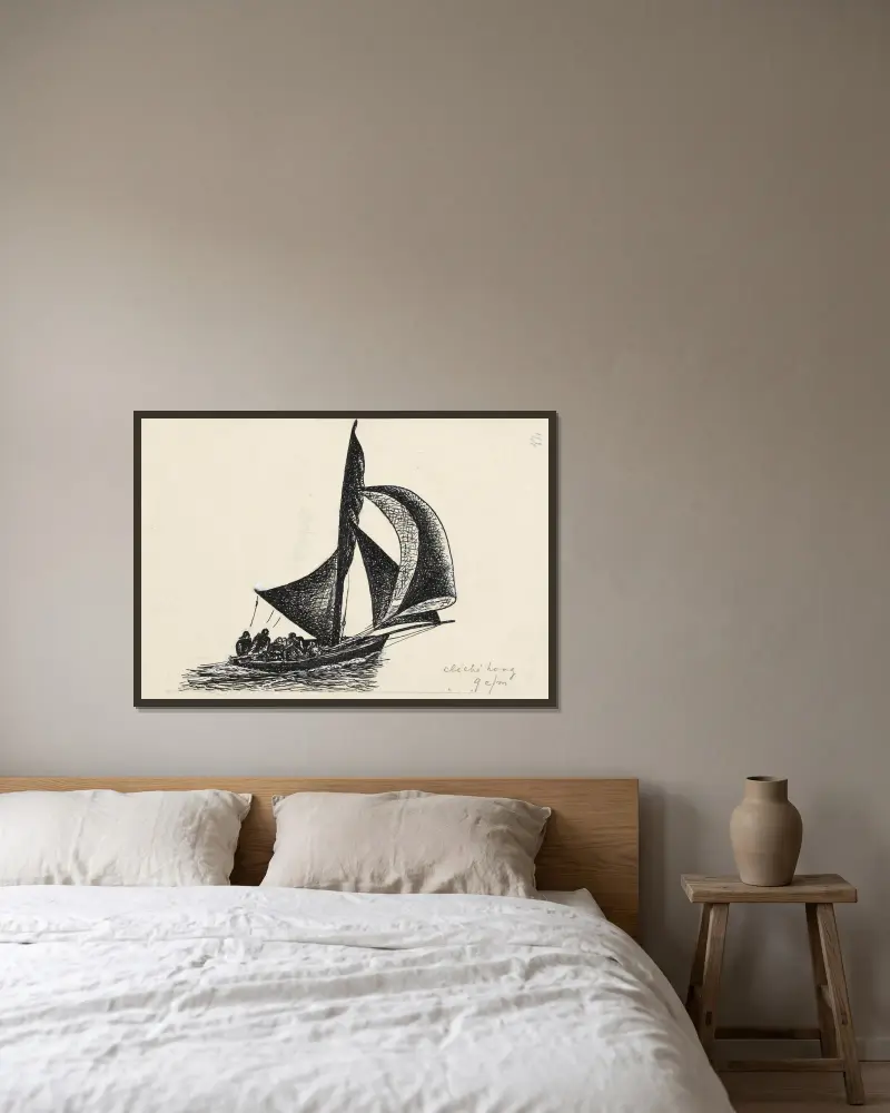 Ontwerp boekillustratie voor Alexander Cohen’s Van Anarchie tot Monarchie; Zeilboot av Leo Gestel inramad på en vägg