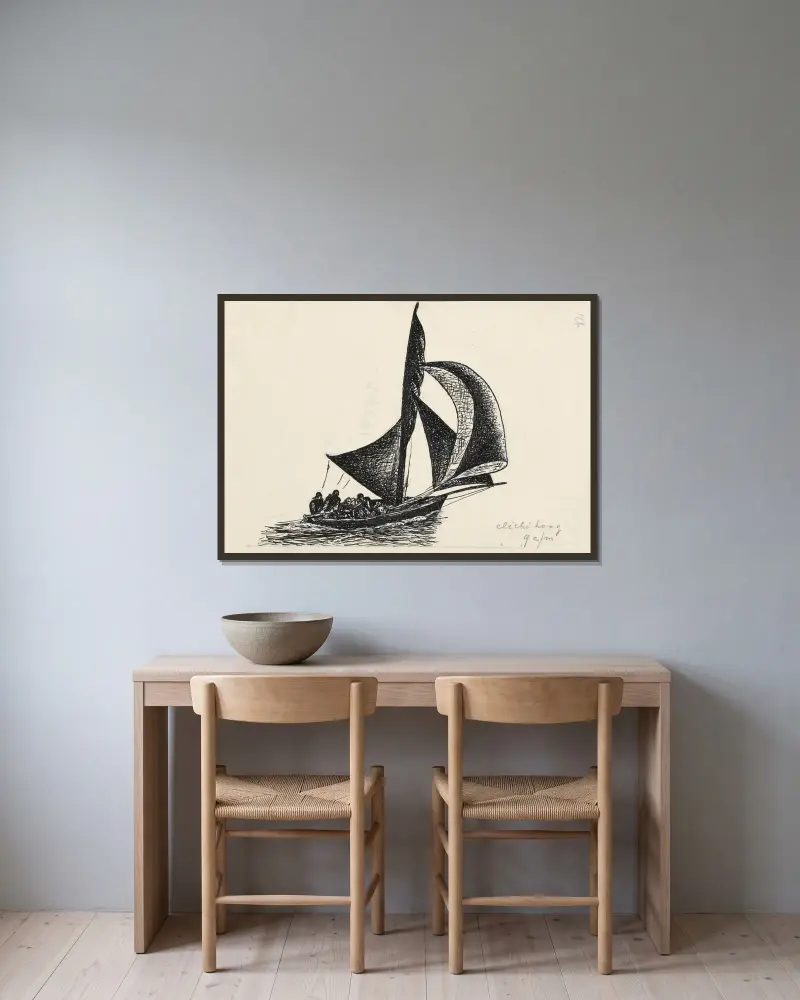 Ontwerp boekillustratie voor Alexander Cohen’s Van Anarchie tot Monarchie; Zeilboot av Leo Gestel inramad på en vägg