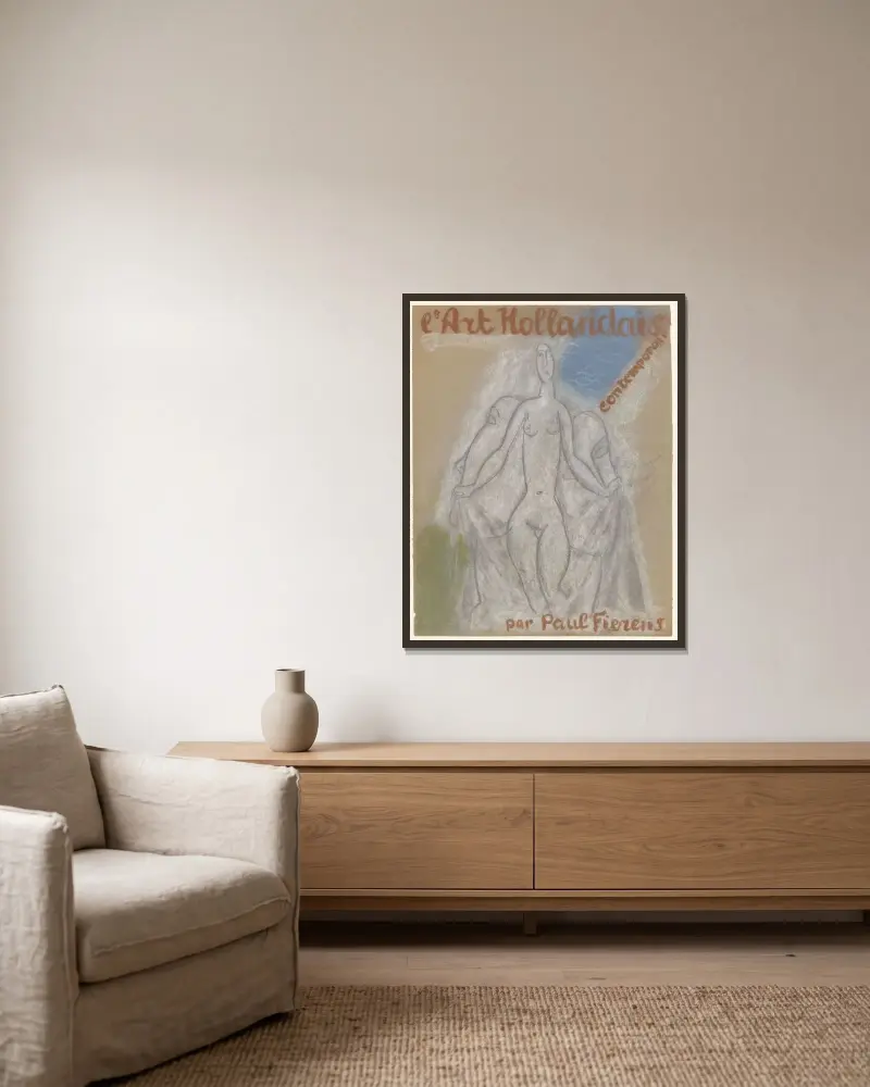Bokomslagsdesign av Leo Gestel inramad på en vägg