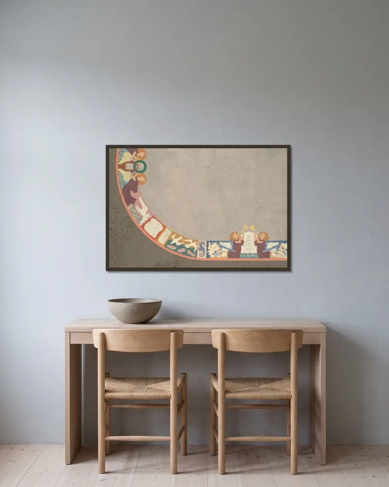 Utkast till del av matta av Leo Gestel inramad på en vägg