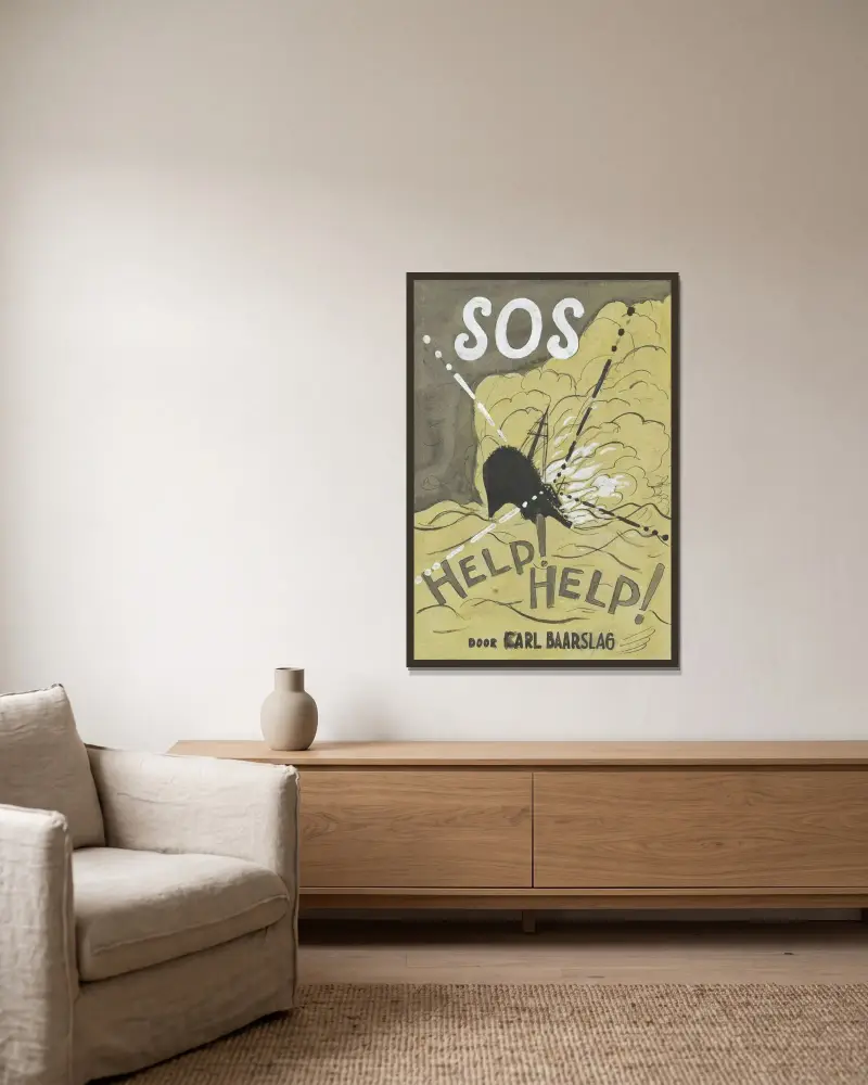 Design för bokomslag till Karl Baarslags 'S.O.S', med motiv av ett fartyg i storm av Leo Gestel inramad på en vägg