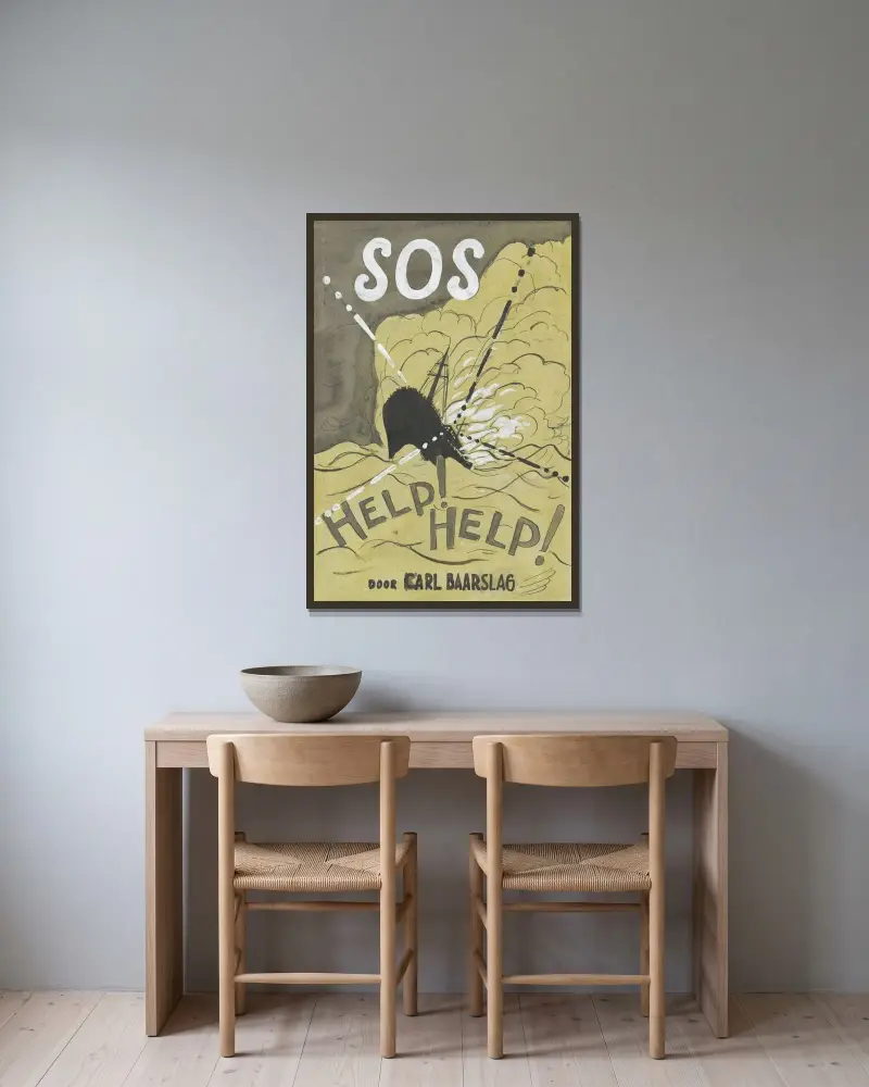 Design för bokomslag till Karl Baarslags 'S.O.S', med motiv av ett fartyg i storm av Leo Gestel inramad på en vägg