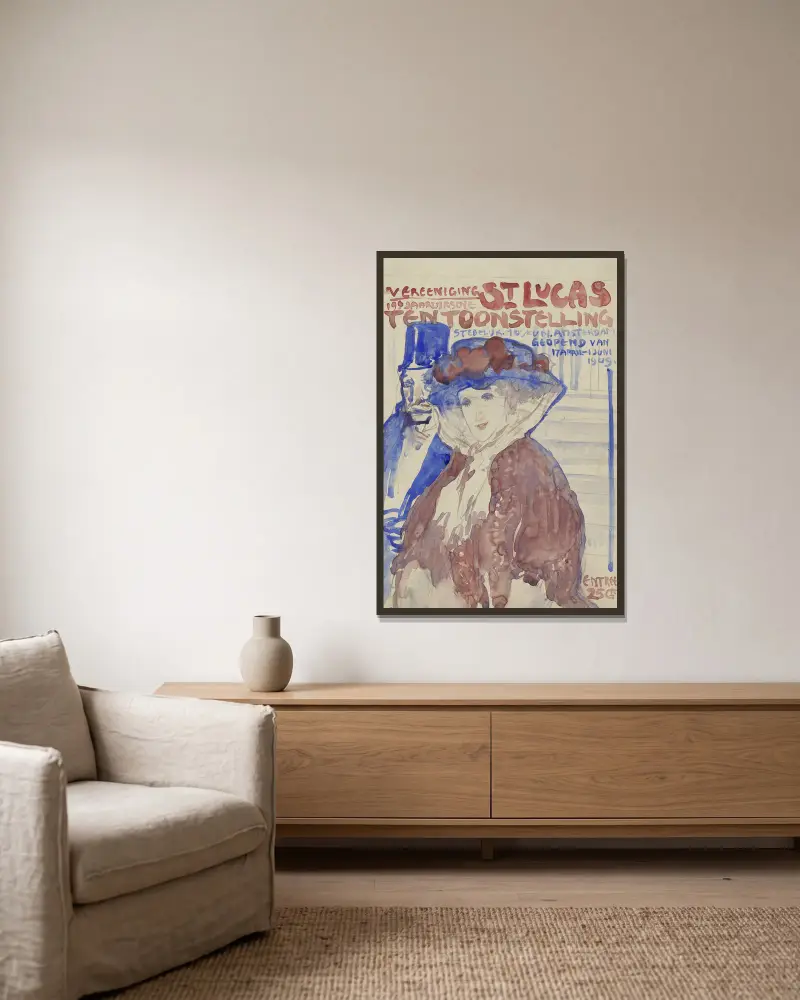 Ontwerp voor de afiche van de 19e jaarlijkse Tentoonstelling van Vereening St. Lukas in het Stedelijk Museum te Amsterdam av Leo Gestel inramad på en vägg