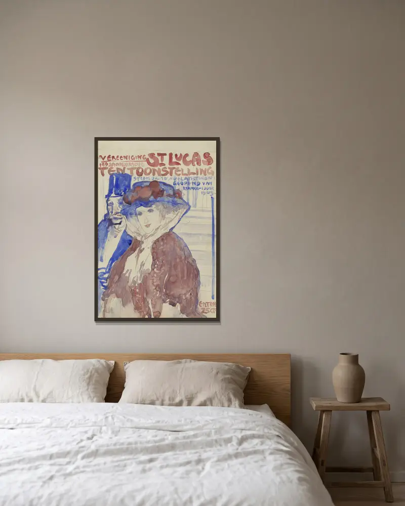 Ontwerp voor de afiche van de 19e jaarlijkse Tentoonstelling van Vereening St. Lukas in het Stedelijk Museum te Amsterdam av Leo Gestel inramad på en vägg