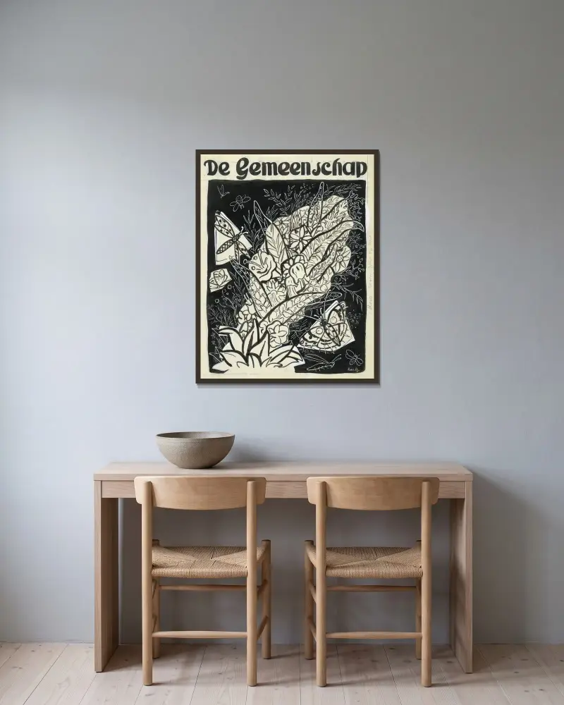 Ontwerp voor de omslag van ‘De Gemeenschap’, met een voorstelling van vlinders rond bladeren en bloemen vliegend av Leo Gestel inramad på en vägg