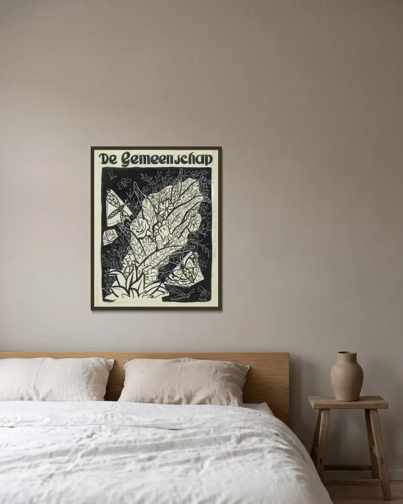 Design för omslaget till 'De Gemeenschap', med fjärilar som flyger runt löv och blommor av Leo Gestel inramad på en vägg