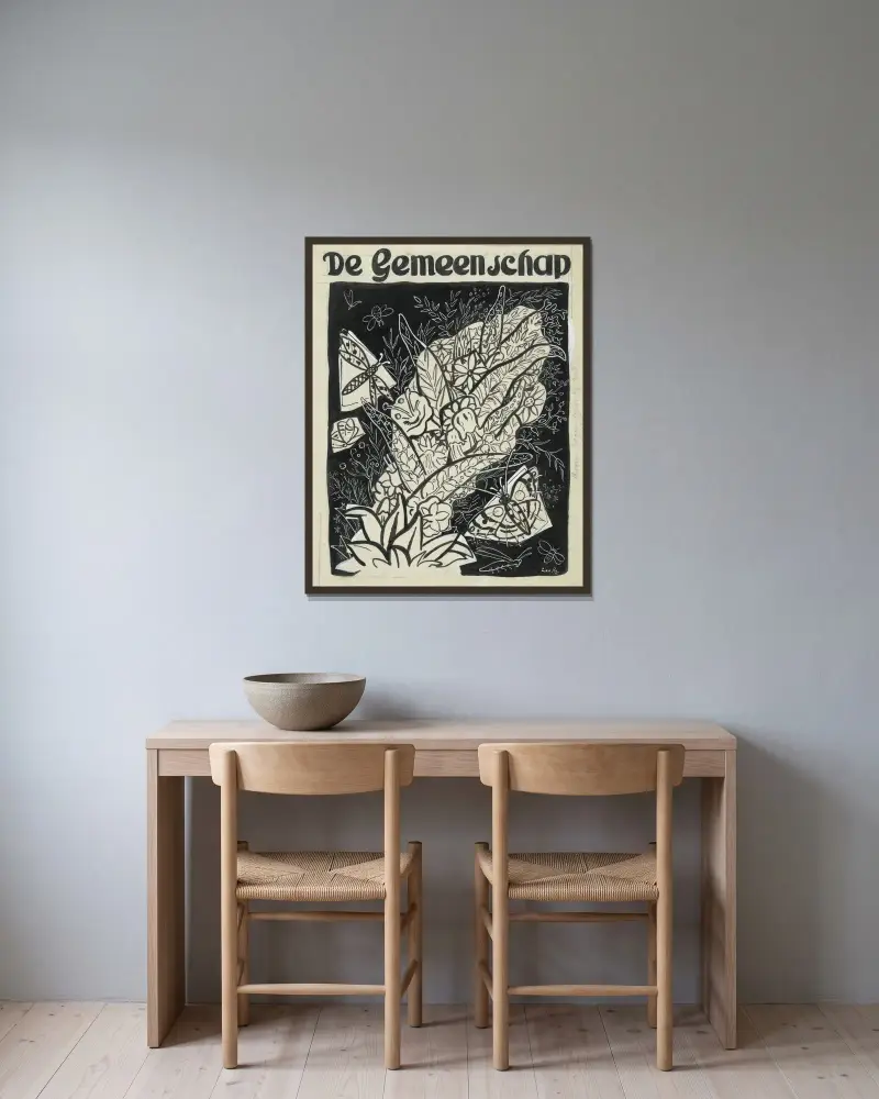 Design för omslaget till 'De Gemeenschap', med fjärilar som flyger runt löv och blommor av Leo Gestel inramad på en vägg