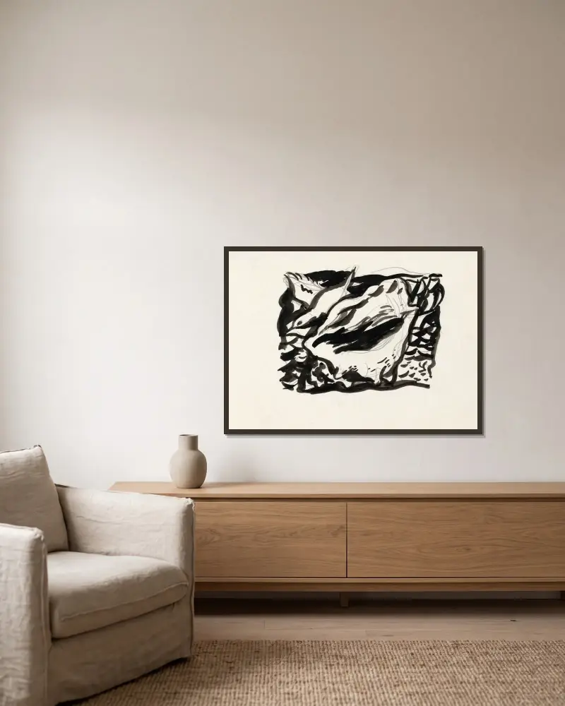 Entwurf für eine Vignette; Muschel und Möwe von Leo Gestel gerahmt an einer Wand