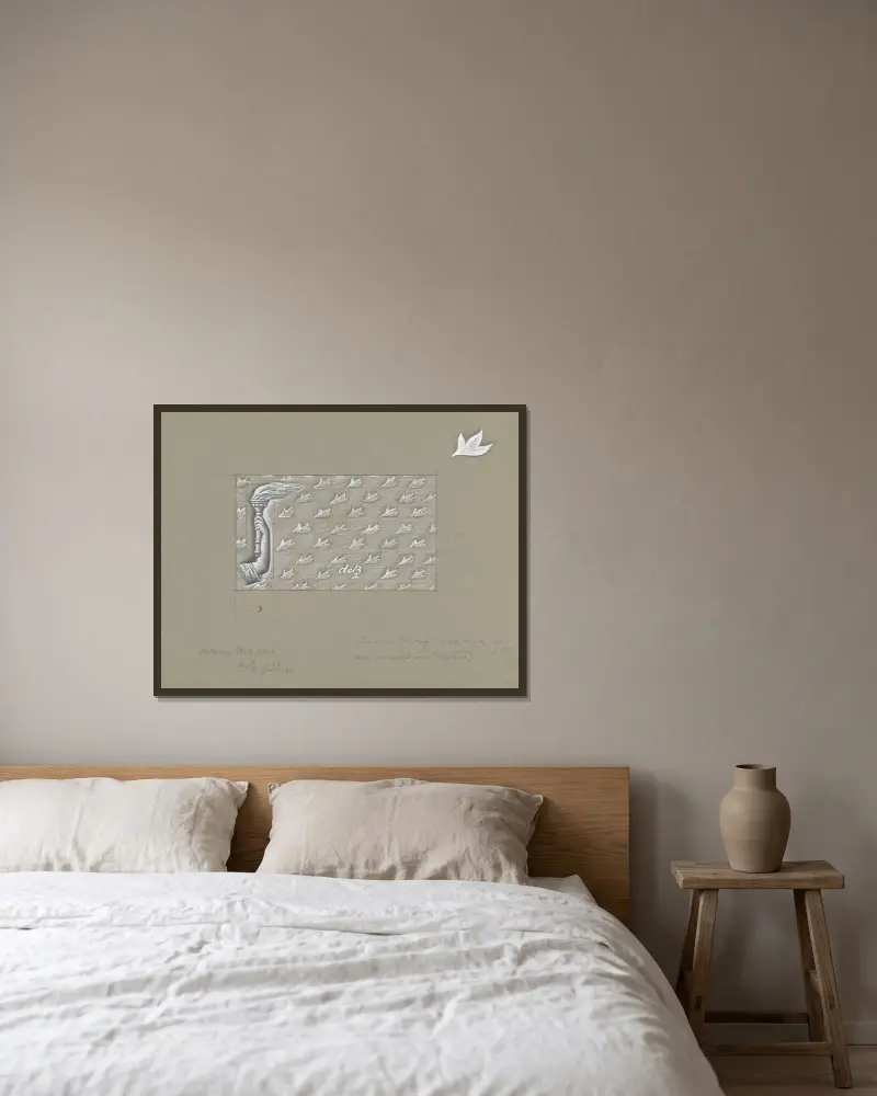 Design för vattenmärke till sedel; en hand med fackla, mot en bakgrund av löv av Leo Gestel inramad på en vägg
