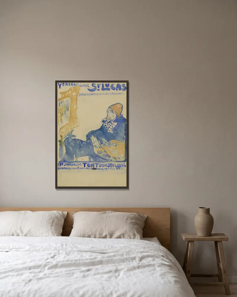 Ontwerp voor het affiche van de 19e jaarlijkse Tentoonstelling van Vereening St. Lukas in het Stedelijk Museum te Amsterdam av Leo Gestel inramad på en vägg