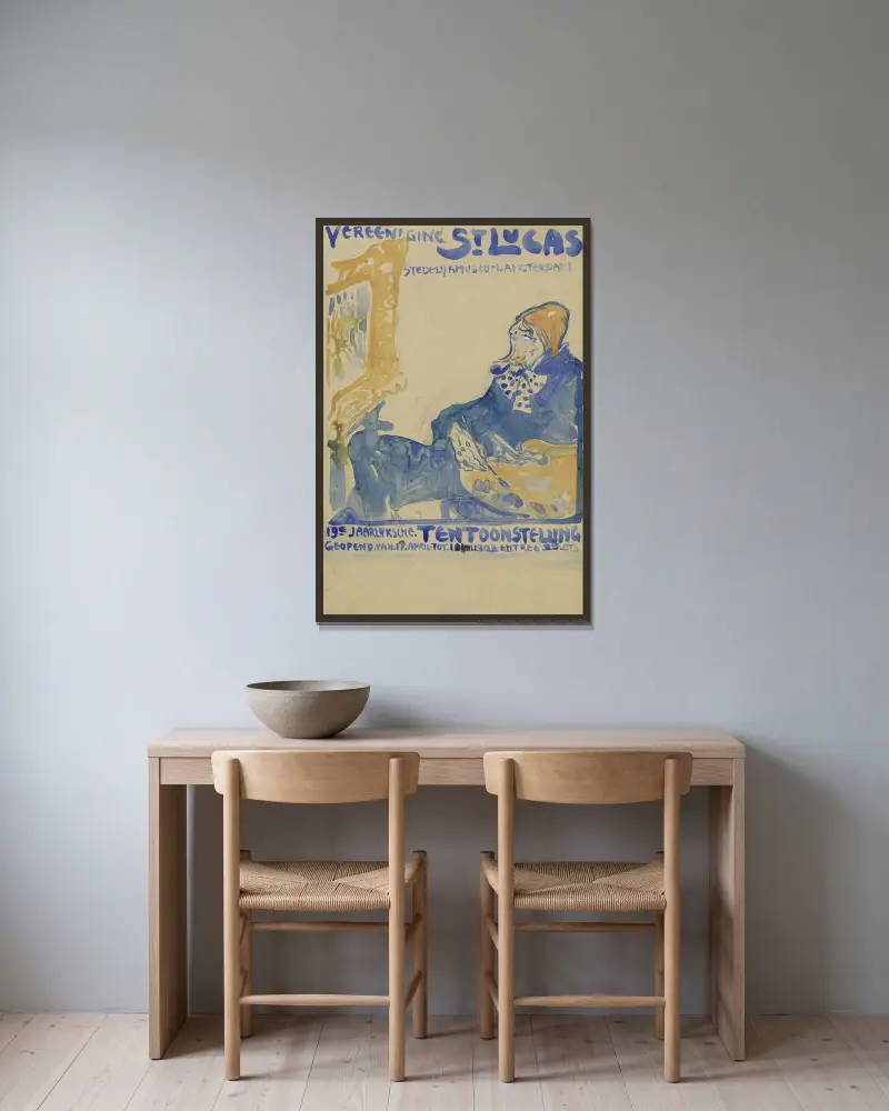 Ontwerp voor het affiche van de 19e jaarlijkse Tentoonstelling van Vereening St. Lukas in het Stedelijk Museum te Amsterdam av Leo Gestel inramad på en vägg