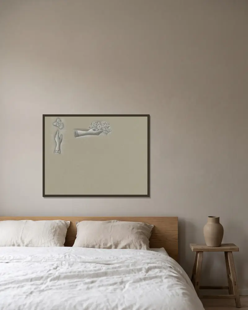 Design för vattenmärke till banknot: en hand med blommor, en hand med fjärilar av Leo Gestel inramad på en vägg