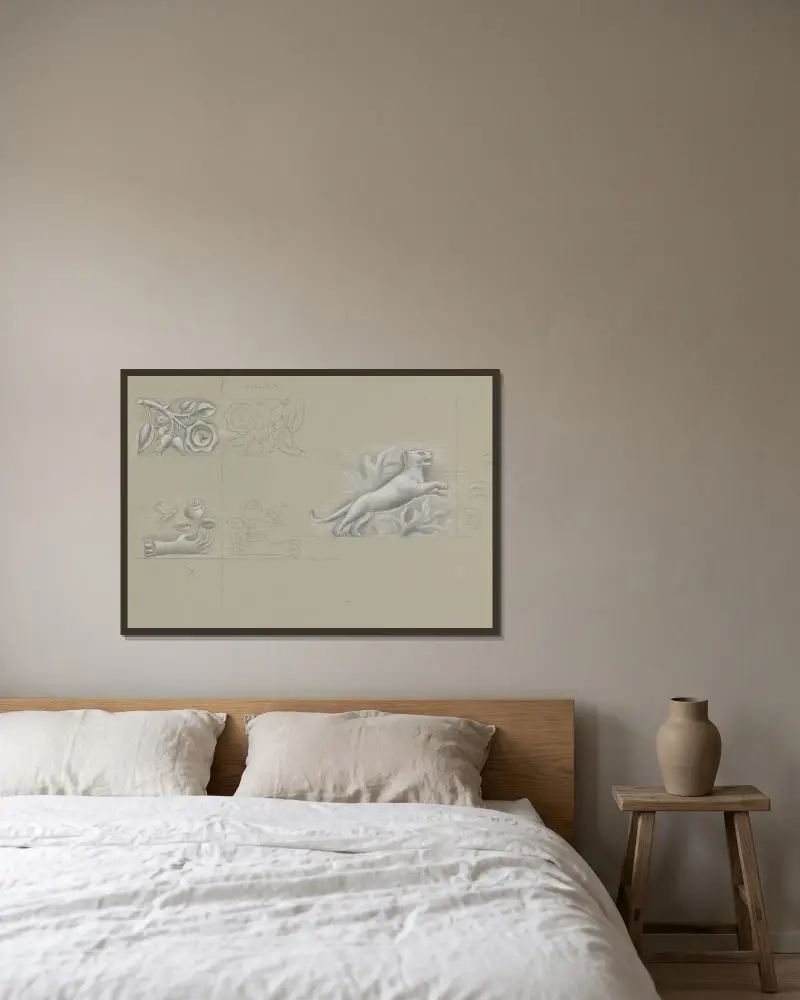 Ontwerpen voor een watermerk van een bankbiljet; hand met roos, roos, panter av Leo Gestel inramad på en vägg