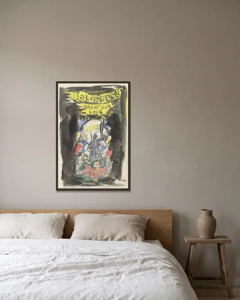 Ontwerpschets affiche voor propaganda kunstbescherming in het leger, schets van soldaat frontaal gezien staand op een bakstenen muurtje, erboven de tekst ‘Soldaten ! waakt ook voor Kunst’. av Leo Gestel inramad på en vägg