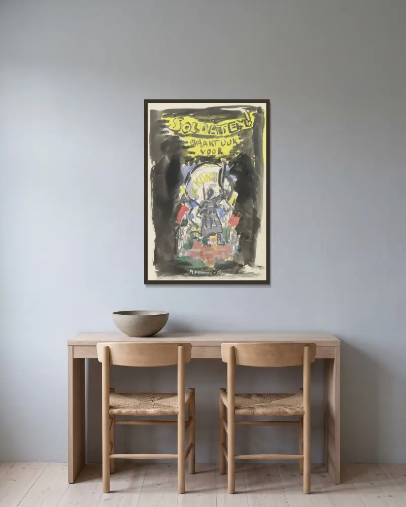 Ontwerpschets affiche voor propaganda kunstbescherming in het leger, schets van soldaat frontaal gezien staand op een bakstenen muurtje, erboven de tekst ‘Soldaten ! waakt ook voor Kunst’. av Leo Gestel inramad på en vägg