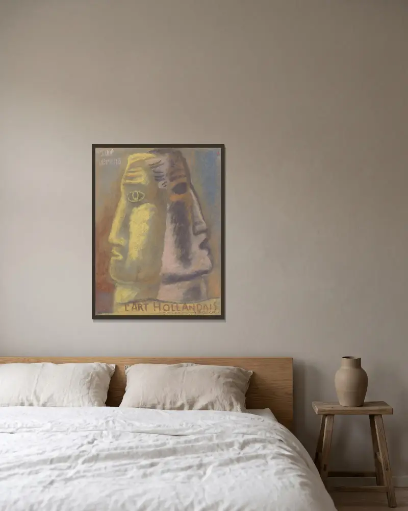 Skiss till Paul Fierens 'l'Art Hollandais contemporain'; två manshuvuden i profil, bortvända från varandra av Leo Gestel inramad på en vägg