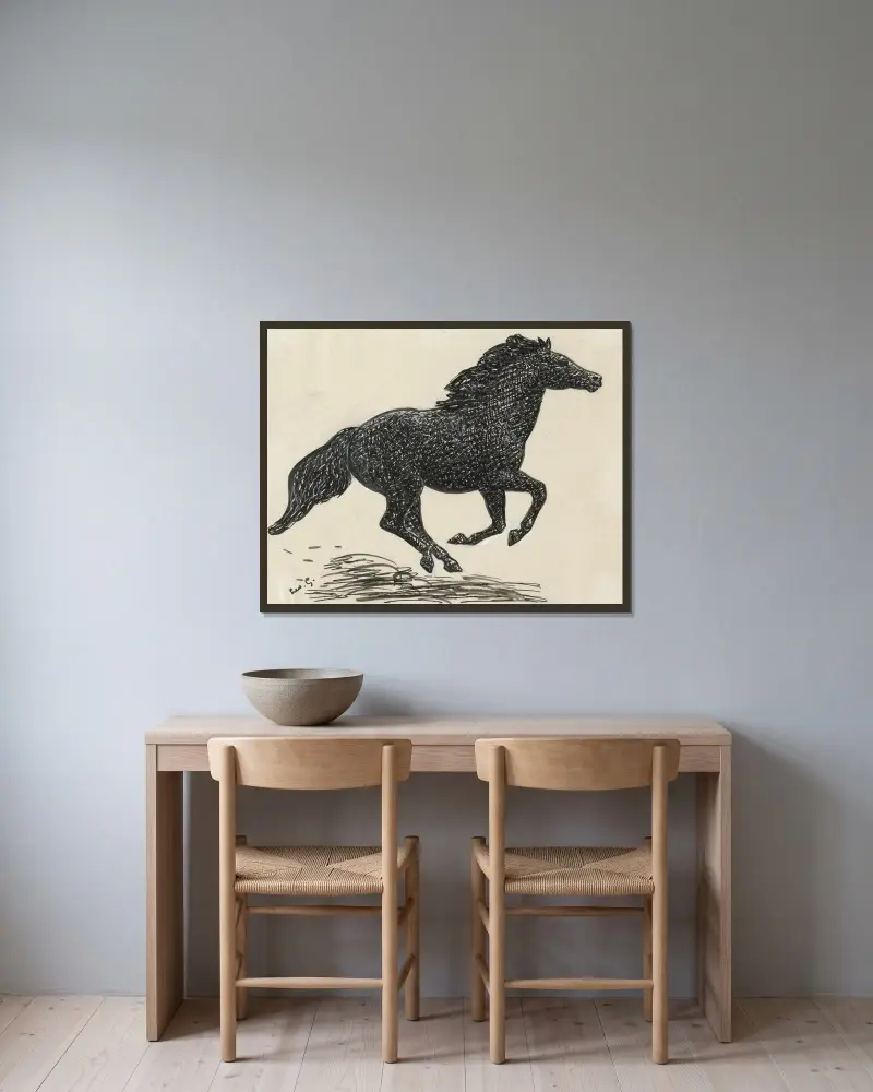 Häst av Leo Gestel inramad på en vägg