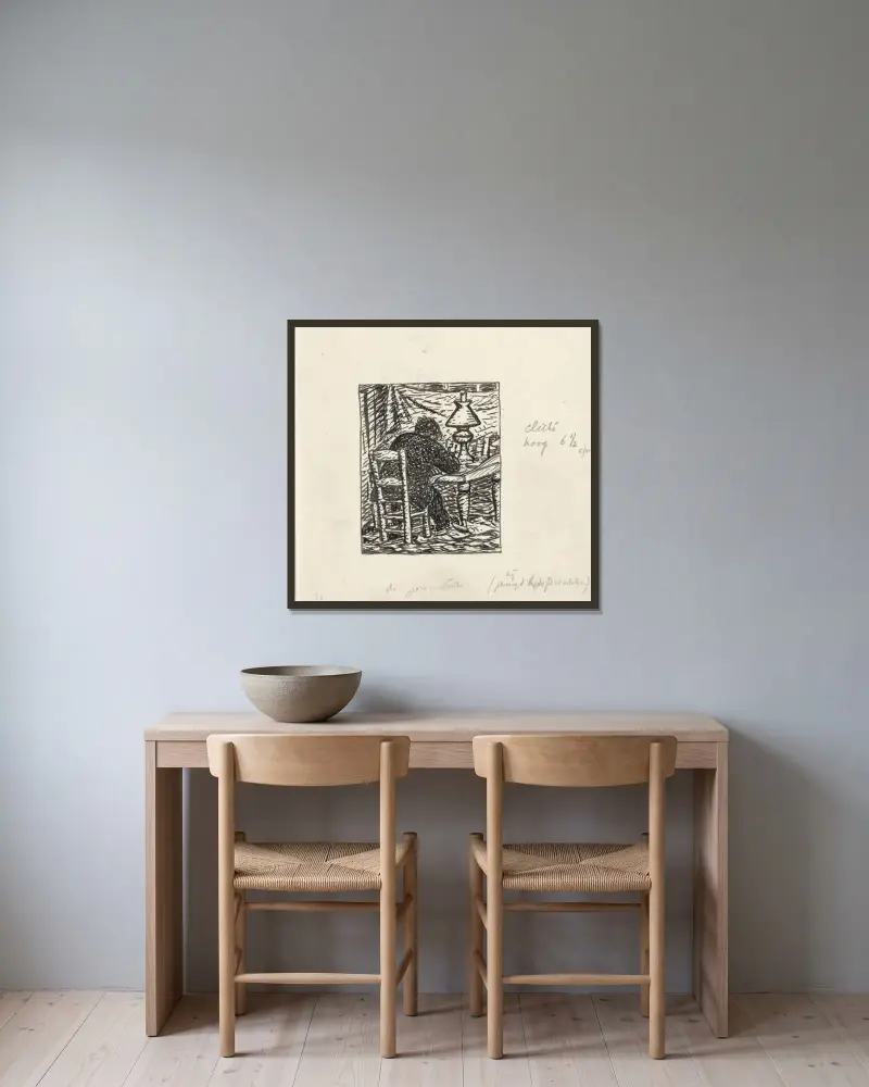 Person som skriver vid ett bord av Leo Gestel inramad på en vägg